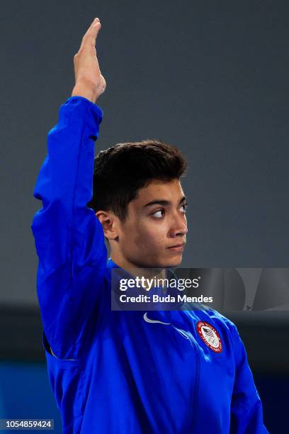 Brandon Briones of United States stands in the podium during the medal ceremony of Men's Vault on day 8 of Buenos Aires 2018 Youth Olympic Games at...