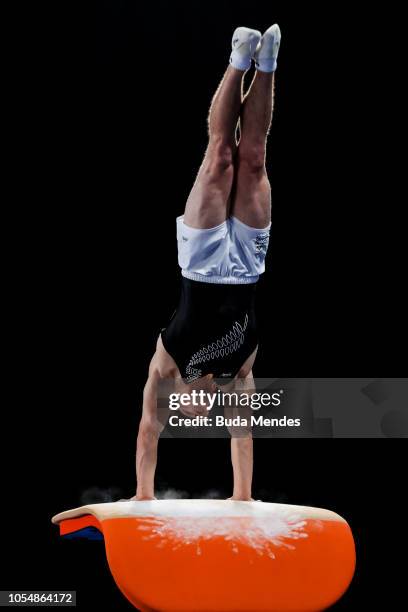 Sam Dick of New Zealand competes in Men's Vault Finalon day 8 of Buenos Aires 2018 Youth Olympic Games at Youth Olympic Park on October 14, 2018 in...
