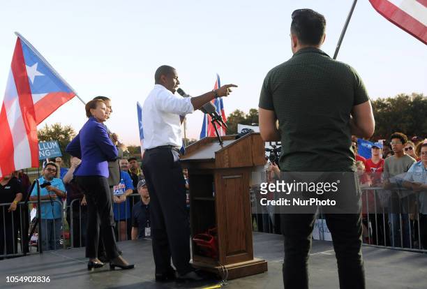Florida Democratic gubernatorial nominee, Tallahassee Mayor Andrew Gillum, speaks to supporters at a rally on October 28, 2018 at Osceola Heritage...