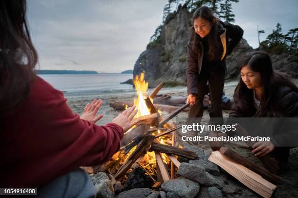 family of sisters building campfire on remote winter beach, canada - bonfire beach stock pictures, royalty-free photos & images