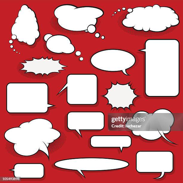 numerous comic speech bubbles on red background - cartoon bubble stock illustrations