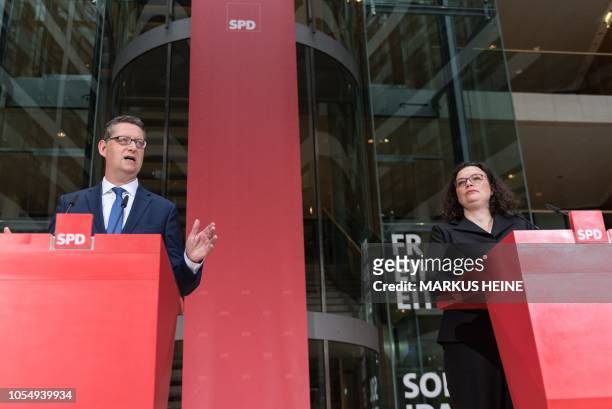 Leader of the Social Democratic Party Andrea Nahles and Hesse's top candidate of the Germany's Social Democratic Party Thorsten Schaefer-Guembel...