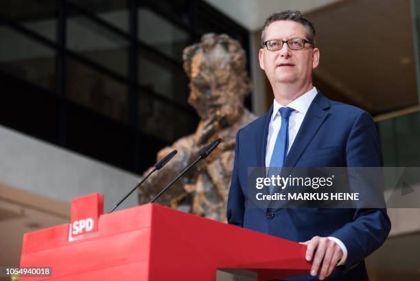 Hesse's top candidate of the Germany's Social Democratic Party Thorsten Schaefer-Guembel attends a press conference one day after the results of the...