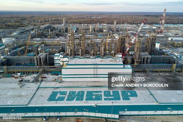 This aerial view taken on October 4 shows the construction site of Russia's petrochemical holding Sibur's ZapSibNefteKhim plant on the outskirts of...