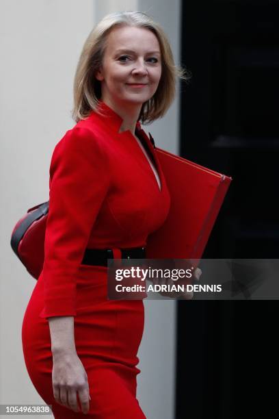 Britain's Chief Secretary to the Treasury Liz Truss arrives to attend a meeting of the cabinet at 10 Downing Street in London, on October 29 ahead of...