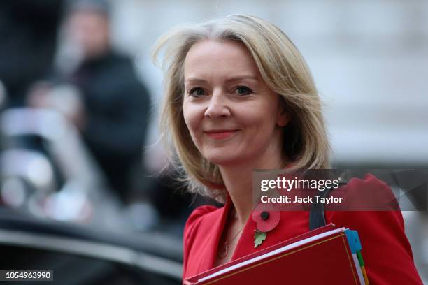 Chief Secretary to the Treasury Elizabeth Truss arrives for a Cabinet meeting at 10 Downing Street on October 29, 2018 in London, England. The...