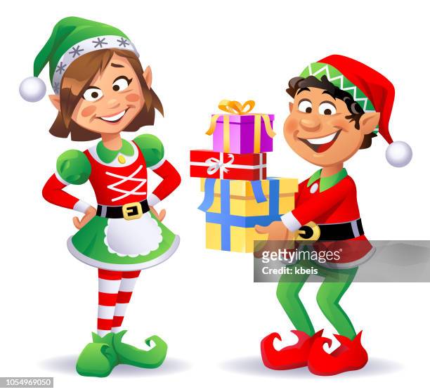 christmas elves boy and girl - elf stock illustrations