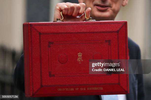 British Chancellor of the Exchequer Philip Hammond poses for pictures with the Budget Box as he leaves 11 Downing Street in London, on October 29...