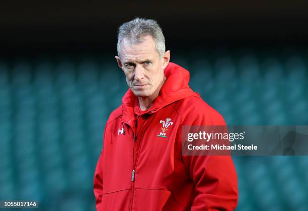 Rob Howley of Wales looks on during a Wales Press Conference at Principality Stadium on October 29, 2018 in Cardiff, Wales.