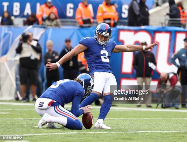 Aldrick Rosas of the New York Giants kicks a field goal against the Washington Redskins during their game at MetLife Stadium on October 28, 2018 in...