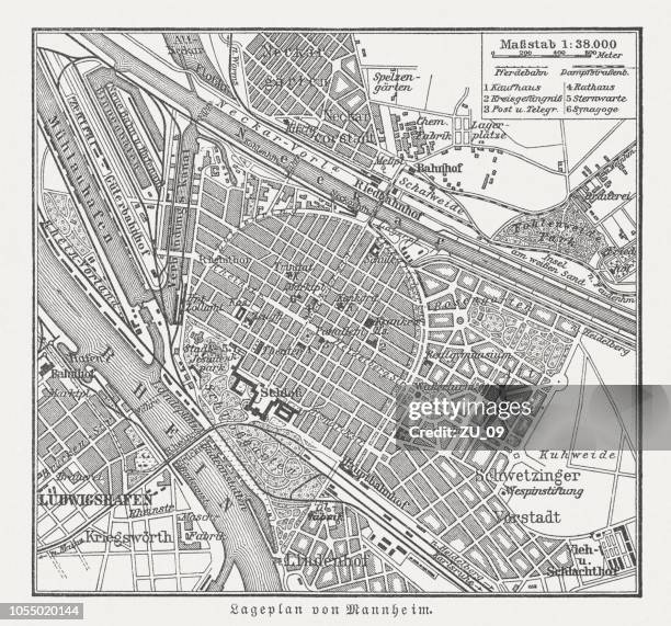 historical city map of mannheim, baden-württemberg, germany, woodcut, published 1897 - mannheim stock illustrations