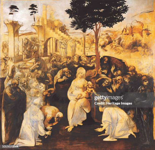 The Adoration of the Magi , 1481-1482. Found in the Collection of Galleria degli Uffizi, Florence. Artist Leonardo da Vinci .