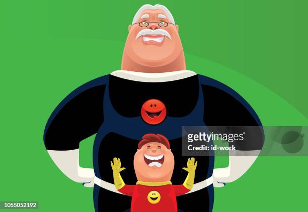 ilustraciones, imágenes clip art, dibujos animados e iconos de stock de abuelo de superhéroe y chico que anima - abuelos y nietos