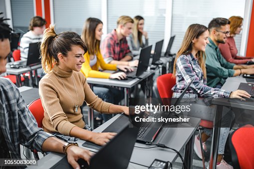 Computer Lab Happy Students Happy Students Studying Over Laptops On A Class At Computer Lab High ...