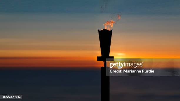 a flaming torch in the sunset - flambeau photos et images de collection