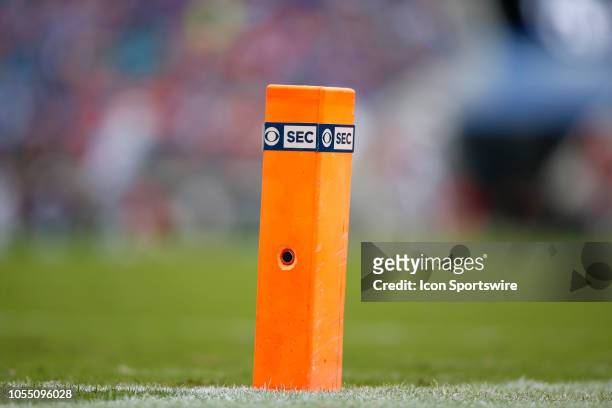 End zone pylon with the CBS and SEC logos during the game between the Florida Gators and the Georgia Bulldogs on October 27, 2018 at TIAA Bank Field...
