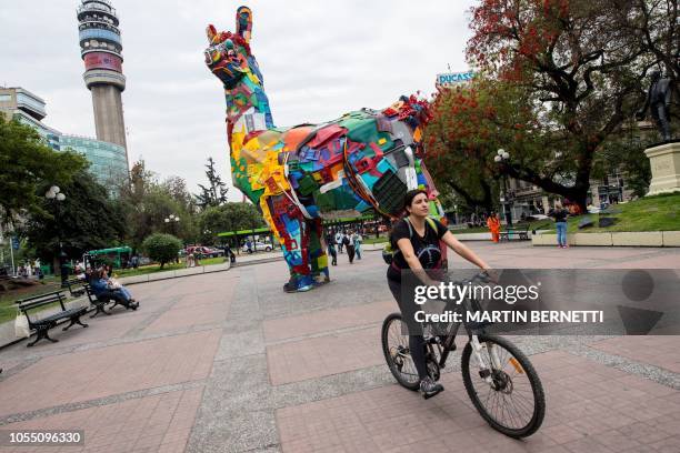 An eight-metre-high Andean llama made with scrap, waste and plastics by artists from the study Embroidery 2 of Portugal is seen on a pedestrian walk...