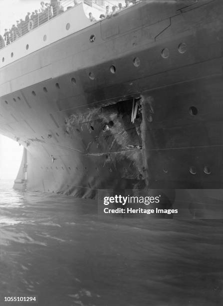 Hole torn in the hull of 'RMS Olympic' after the collision with 'HMS Hawke' in the Solent, 20th September 1911. The collision took place as Olympic...