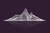 Abstract vector wireframe mesh mountains with reflection, front view