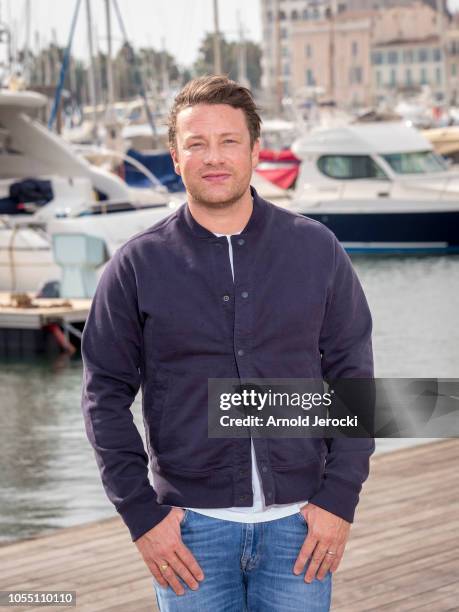 Jamie Oliver attend the Jamie Olivier photocall as part of the MIPCOM 2018 on October 15, 2018 in Cannes, France.