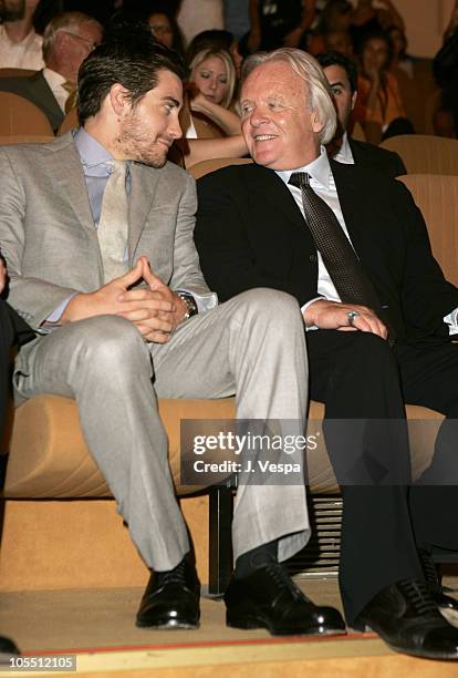 Jake Gyllenhaal and Anthony Hopkins during 2005 Venice Film Festival - "Proof" Premiere - Inside at Palazzo del Cinema in Venice Lido, Italy.