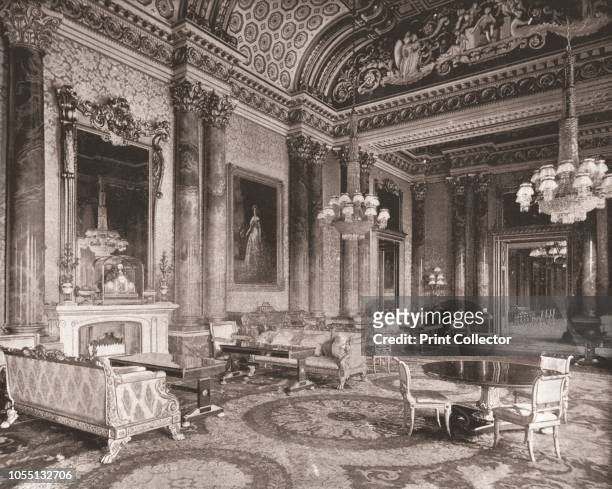 The Blue Drawing Room, Buckingham Palace, London, 1894. Designed by John Nash, the room is decorated with pairs of scagliola columns, here painted to...