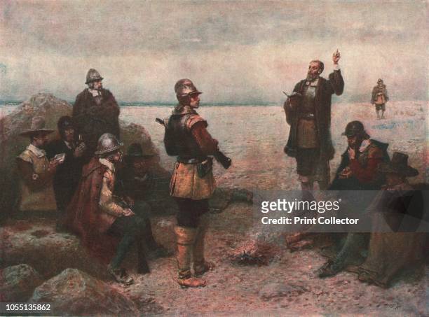 The Pilgrim Fathers', circa 1869, . After 'The Landing of the Pilgrim Fathers, 1620', painting by GH Boughton in the Museums Sheffield collection....