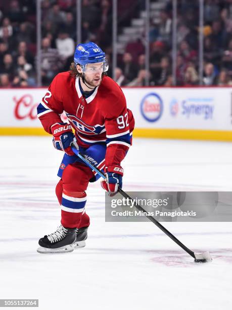 Jonathan Drouin of the Montreal Canadiens skates the puck against the Pittsburgh Penguins during the NHL game at the Bell Centre on October 13, 2018...