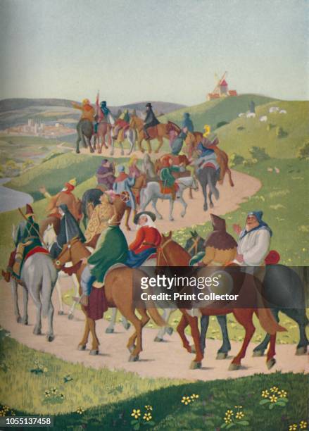 The Pilgrims Riding Towards Canterbury', . 20th century illustration of a scene from Chaucer's 13th-century The Canterbury Tales: the 'gay pageant:...