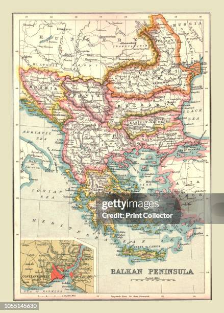 Map of the Balkan Peninsula, 1902. Showing Bosnia, Servia , Romania, Bulgaria, and Turkish-occupied Greece, with inset of Constantinople . From The...