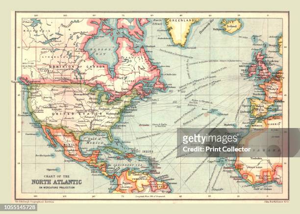Chart of the North Atlantic, 1902. Showing North and Central America, West Africa and Western Europe, and transatlantic shipping routes. From The...