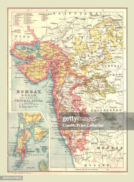 Map of Bombay, Berar, and part of Central India, 1902. From The Century Atlas of the World. [John Walker & Co, Ltd., London, 1902]. Artist Unknown.