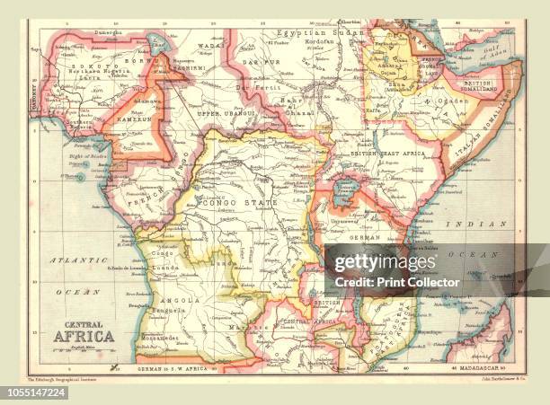 Map of Central Africa, 1902. Showing colonial possessions including Italian Somaliland, Portuguese East Africa, German East Africa, British Central...
