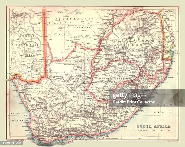 Map of South Africa, 1902. Showing the Cape Colony, Transvaal, Orange River Colony, and other colonial possessions including the British Protectorate...