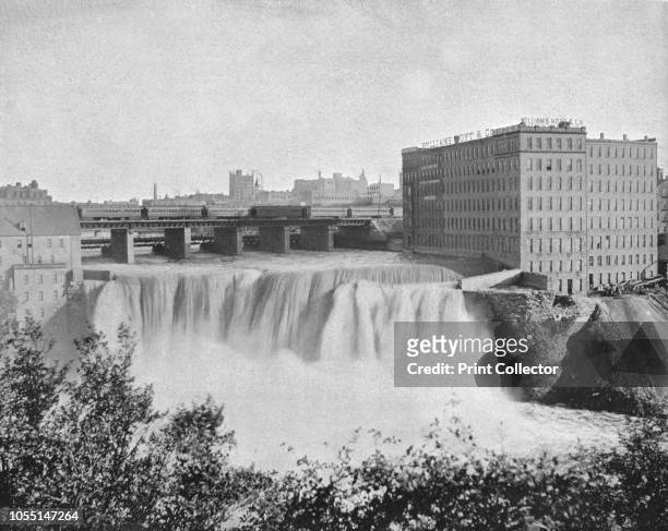 Genesee Falls, Rochester, New York State, USA, circa 1900. The High Falls on the Genesee River powered Rochester's industrial development. The falls...
