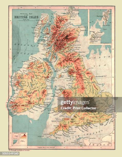 Physical Map of the British Isles, 1902. Highest points shown in red. From The Century Atlas of the World. [John Walker & Co, Ltd., London, 1902]....