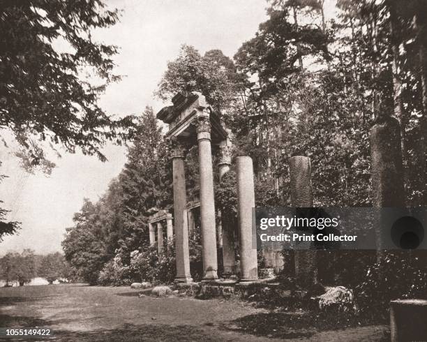 The Temple of Augustus at Virginia Water, Surrey, 1894. Roman buildings brought from the city of Lepcis Magna in Libya and re-erected in 1827-1830 by...