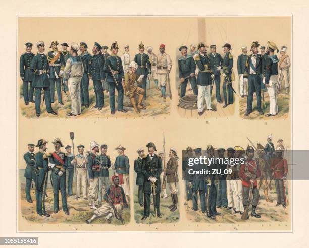 european marine, protection, and colonial troops, chromolithograph, published in 1897 - philippines culture drawing stock illustrations