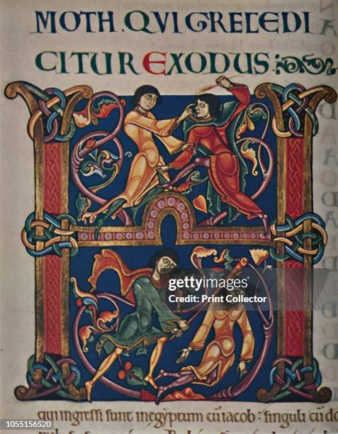 Initial from the Winchester Bible', circa 1150 AD, . 12th century Bible, or Vulgate, in Winchester Cathedral Library. Initial to the Book of Exodus:...