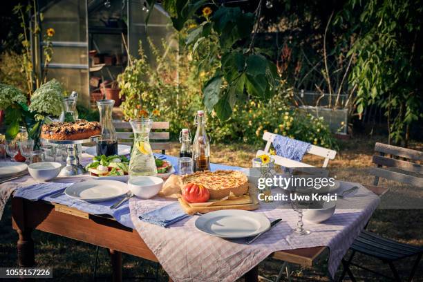 decorated table in garden - table garden bildbanksfoton och bilder