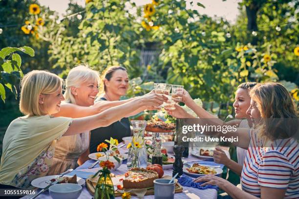 friends at garden party - al fresco dining stock pictures, royalty-free photos & images