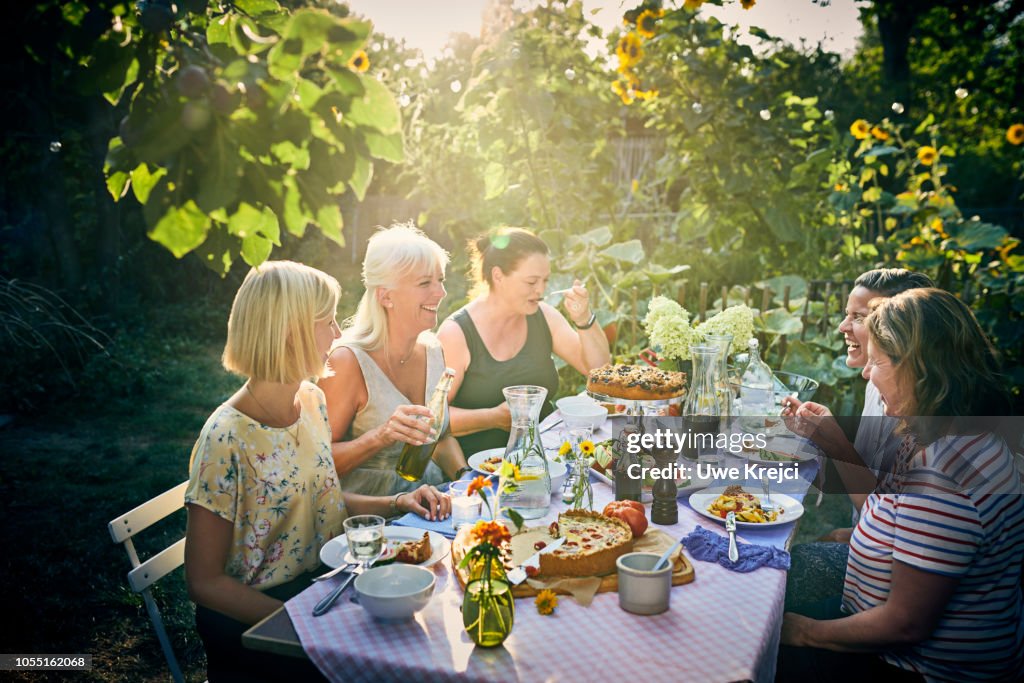 Group of friends having dinner in garden