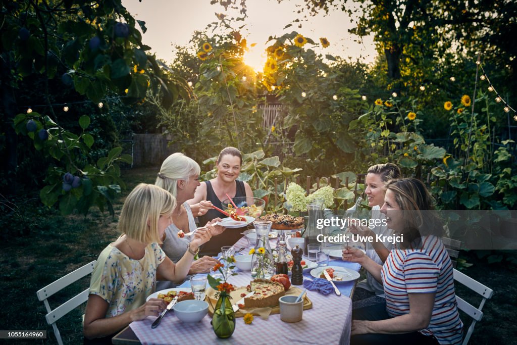 Group of women having dinner in garden