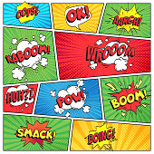 Comics page. Comic book grid frame, funny oops bam smack text speech bubbles on color stripes background vector layout template