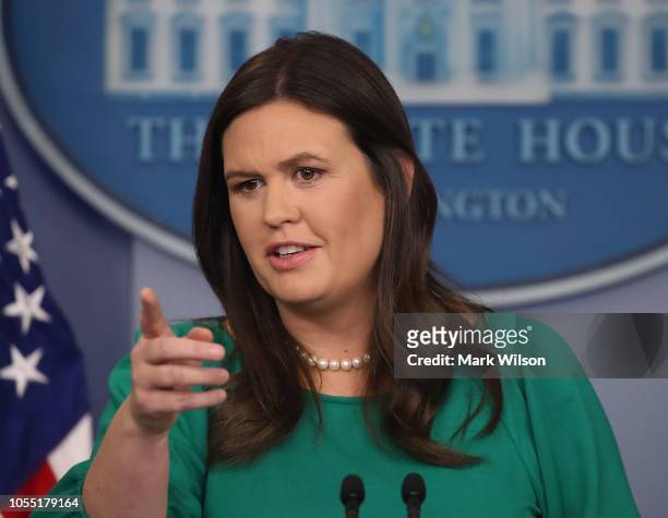 White House Press Secretary, Sarah Sanders speaks to the media during a briefing in the Brady Briefing Room at the White House on October 29, 2018 in...