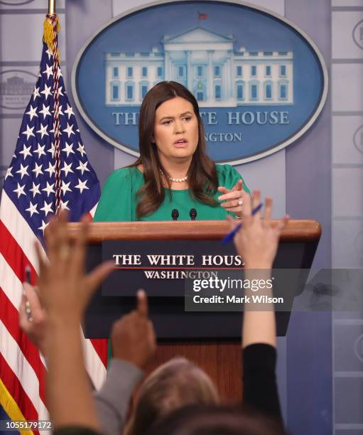 White House Press Secretary, Sarah Sanders speaks to the media during a briefing in the Brady Briefing Room at the White House on October 29, 2018 in...