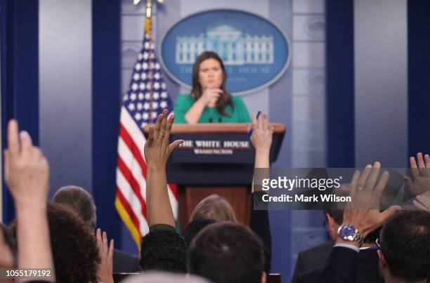 White House Press Secretary, Sarah Sanders speaks to the media during a briefing in the Brady Briefing Room at the White House on October 29, 2018 in...
