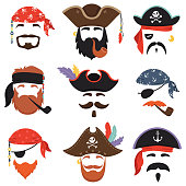 Carnival pirate mask. Funny sea pirates hats, journey bandana with dreadlocks hair and smoke pipe isolated masks vector set
