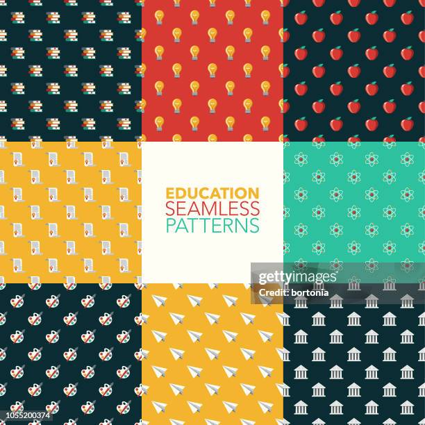 education seamless pattern set - empty high school classroom stock illustrations