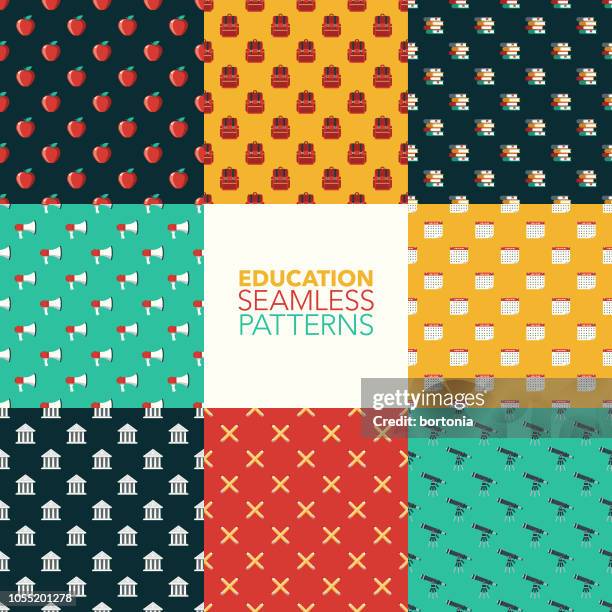 education seamless pattern set - empty high school classroom stock illustrations